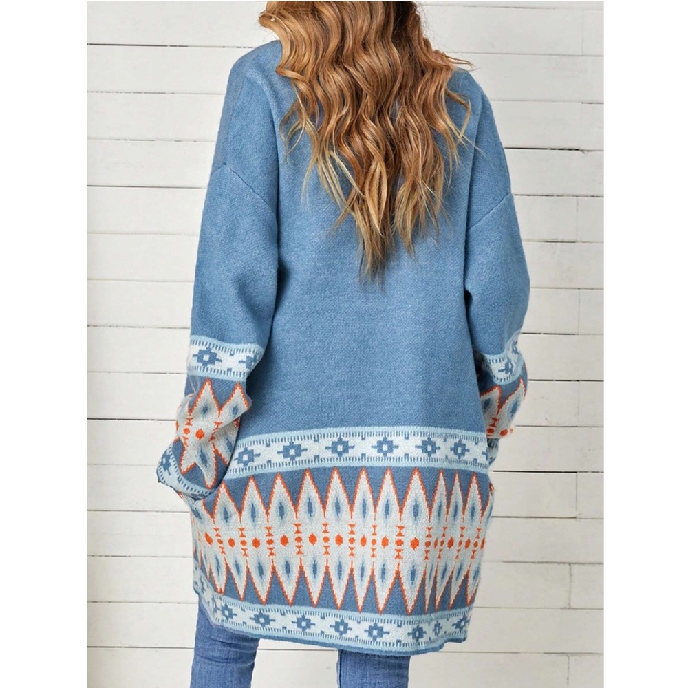 Blue Cardigan Aztec Western Bohemian Print Knit Long Sleeve - Picture 14 of 16